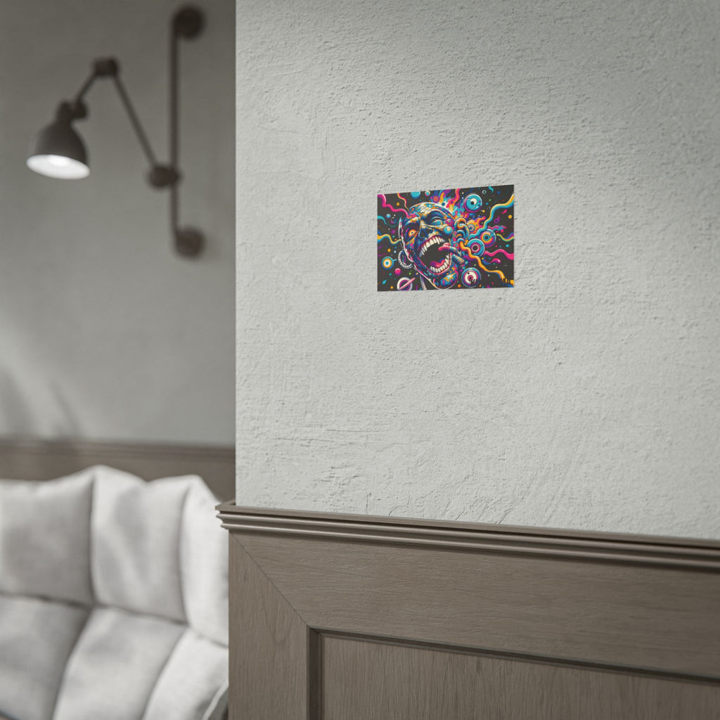 Colorful screaming-face poster displayed above a sofa.