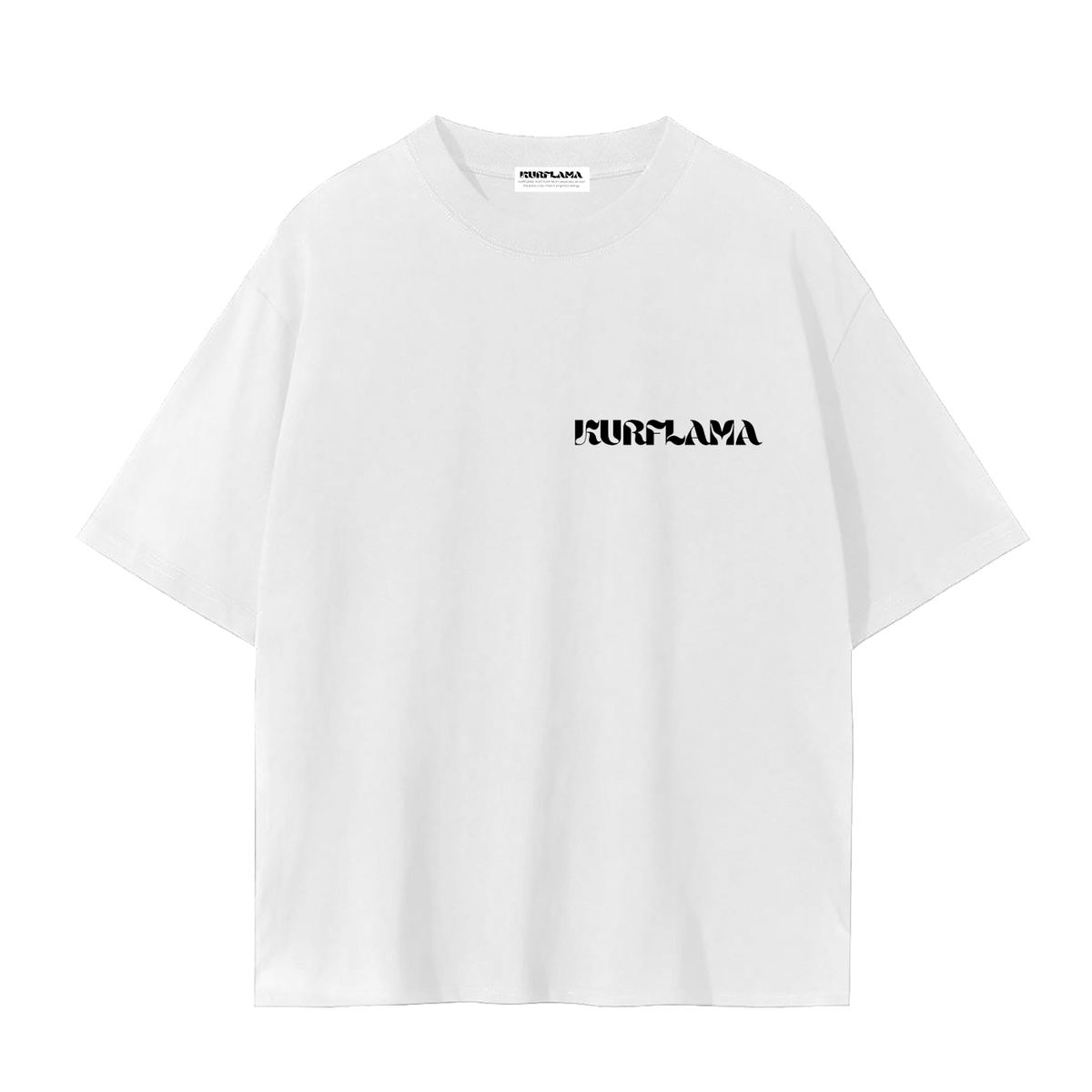 A white short-sleeve crewneck t-shirt with a black stylized 'BURGLAMA' text graphic printed on the left chest, displayed against a solid white background.