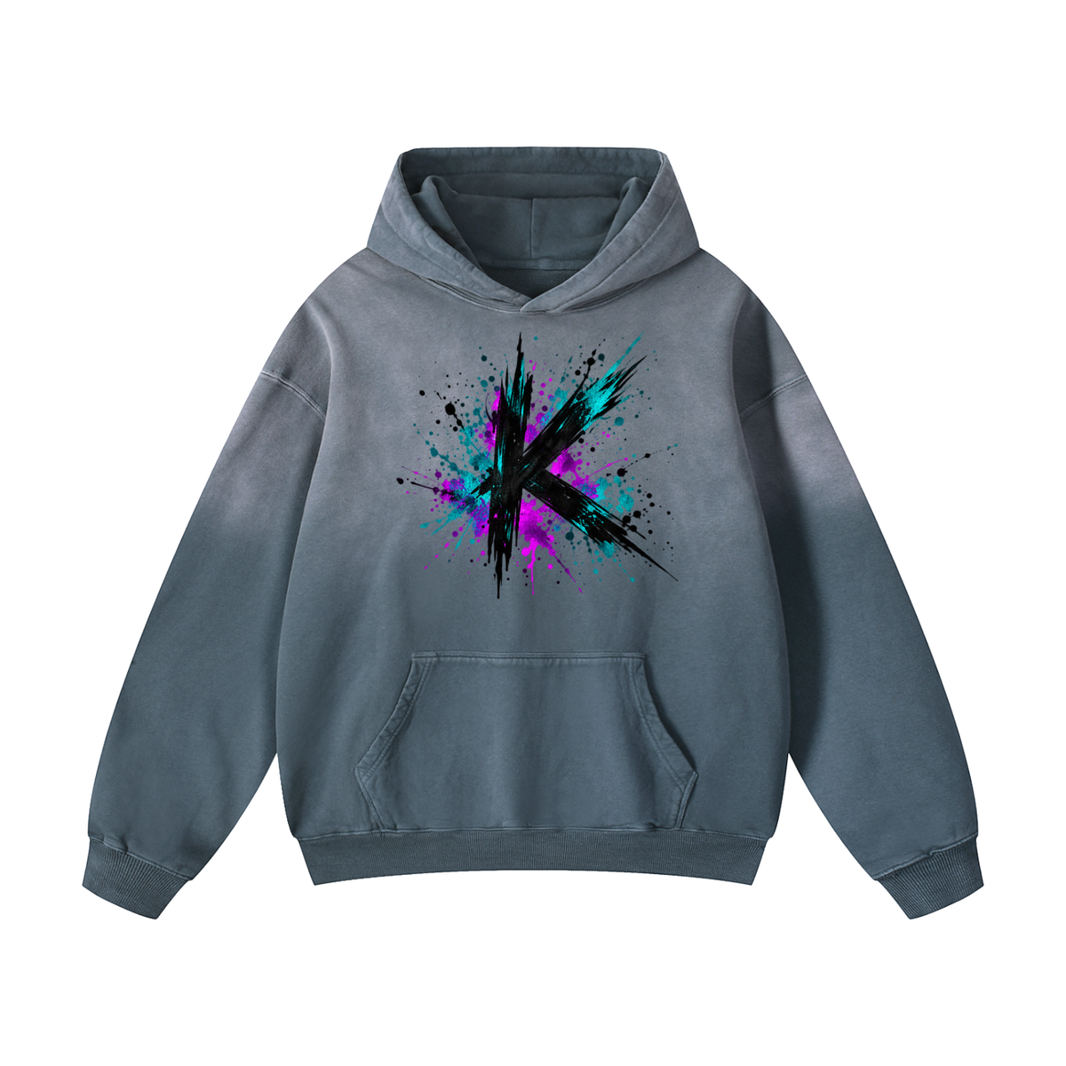 Front view of a washed blue oversized hoodie with a K and colorful paint splashes.
