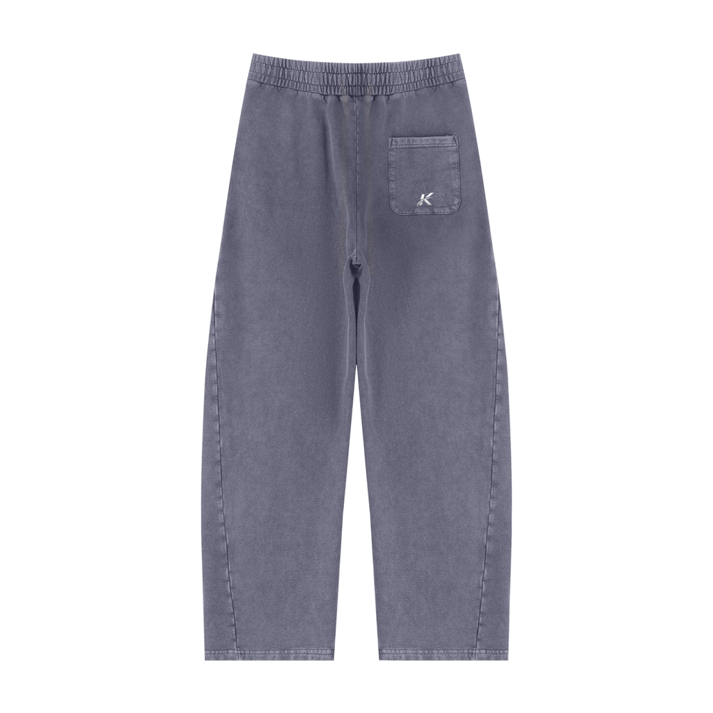 A pair of faded gray denim pants with an elastic waistband, side pockets, and a small white embroidered logo on the back pocket, shown against a plain white background.