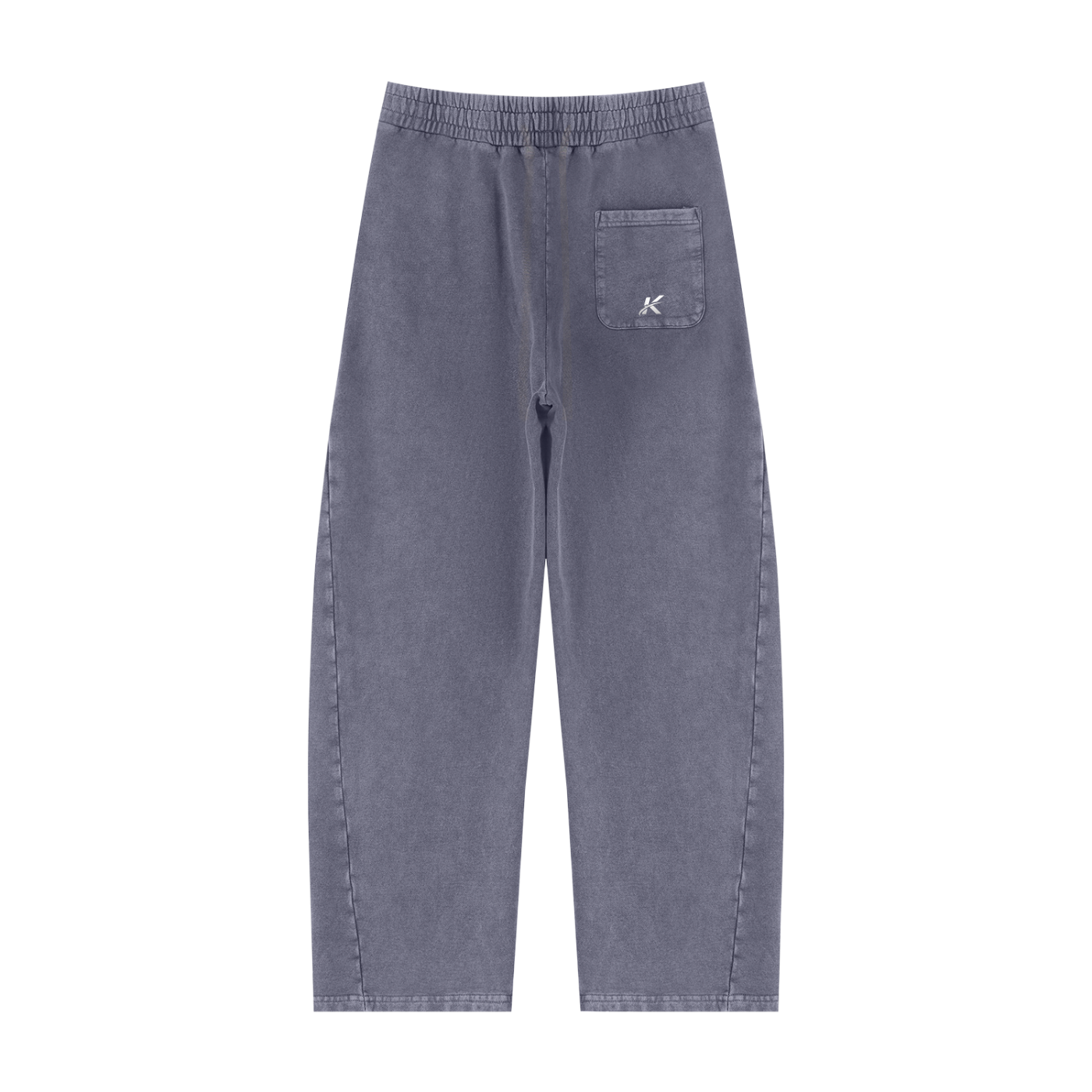 A pair of faded gray denim pants with an elastic waistband, side pockets, and a small white embroidered logo on the back pocket, shown against a plain white background.