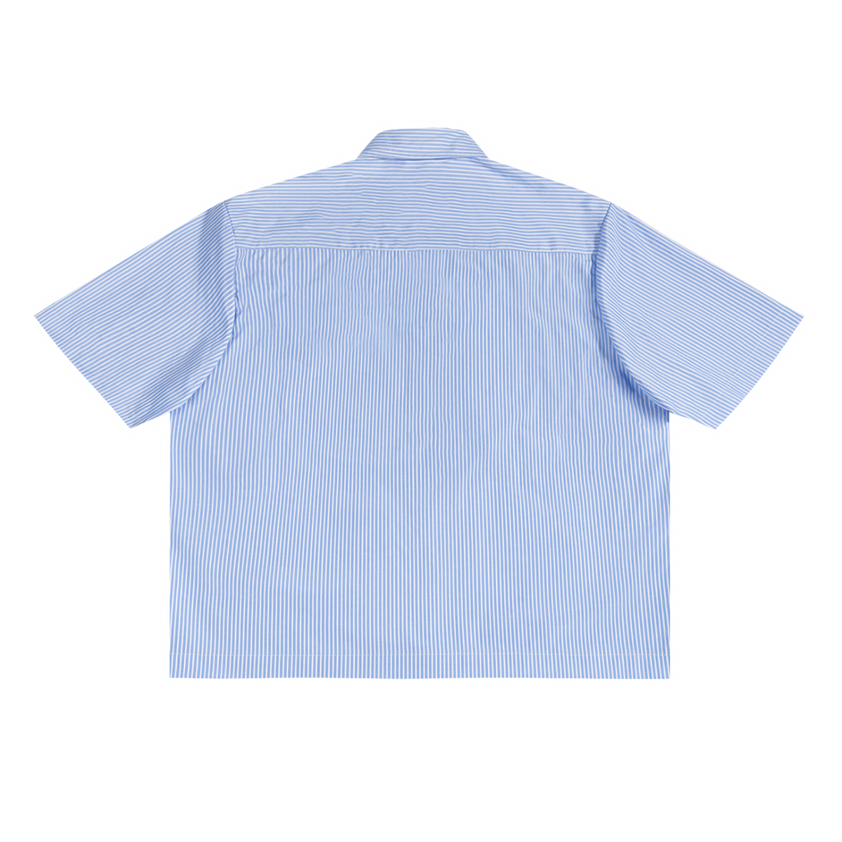 Back view of a blue and white striped short-sleeve shirt on a white background