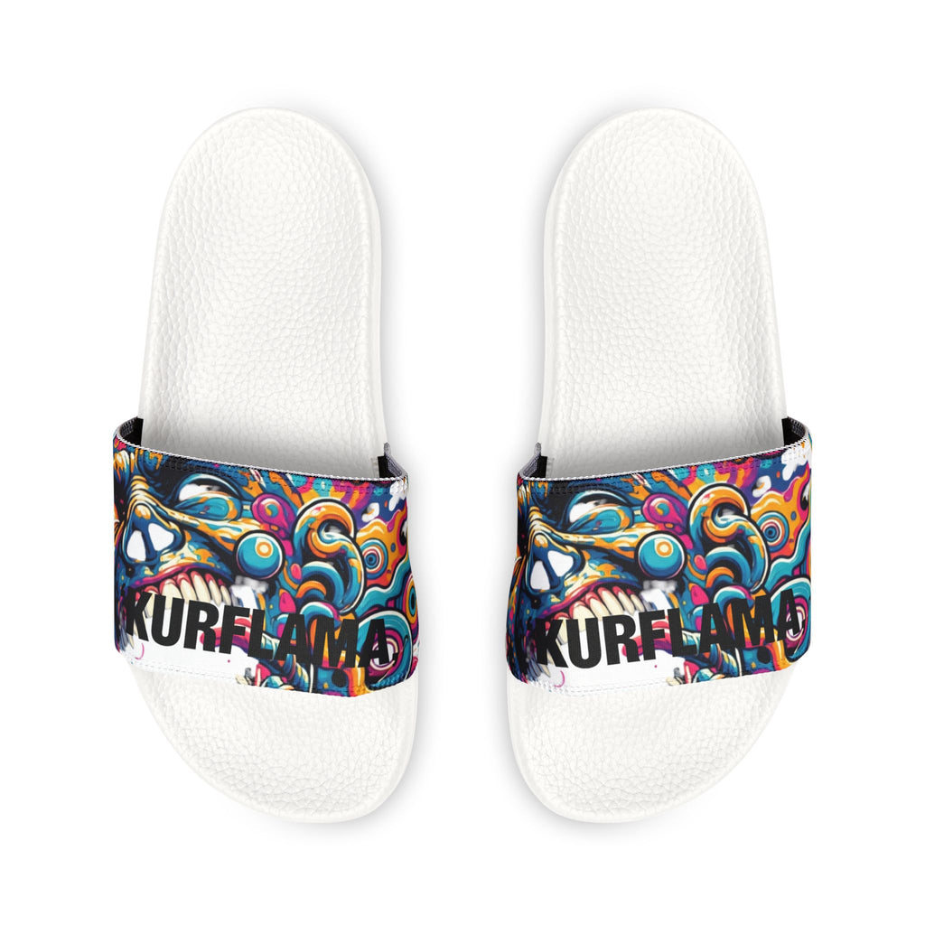 Top view of white slides with colorful Kurflama graphic straps.