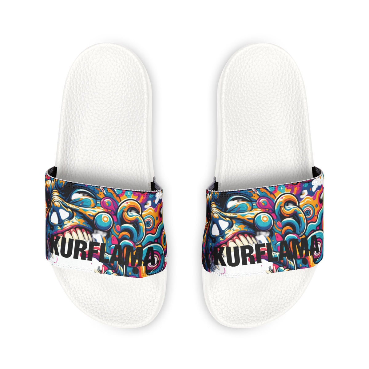 Top view of white slides with colorful Kurflama graphic straps.