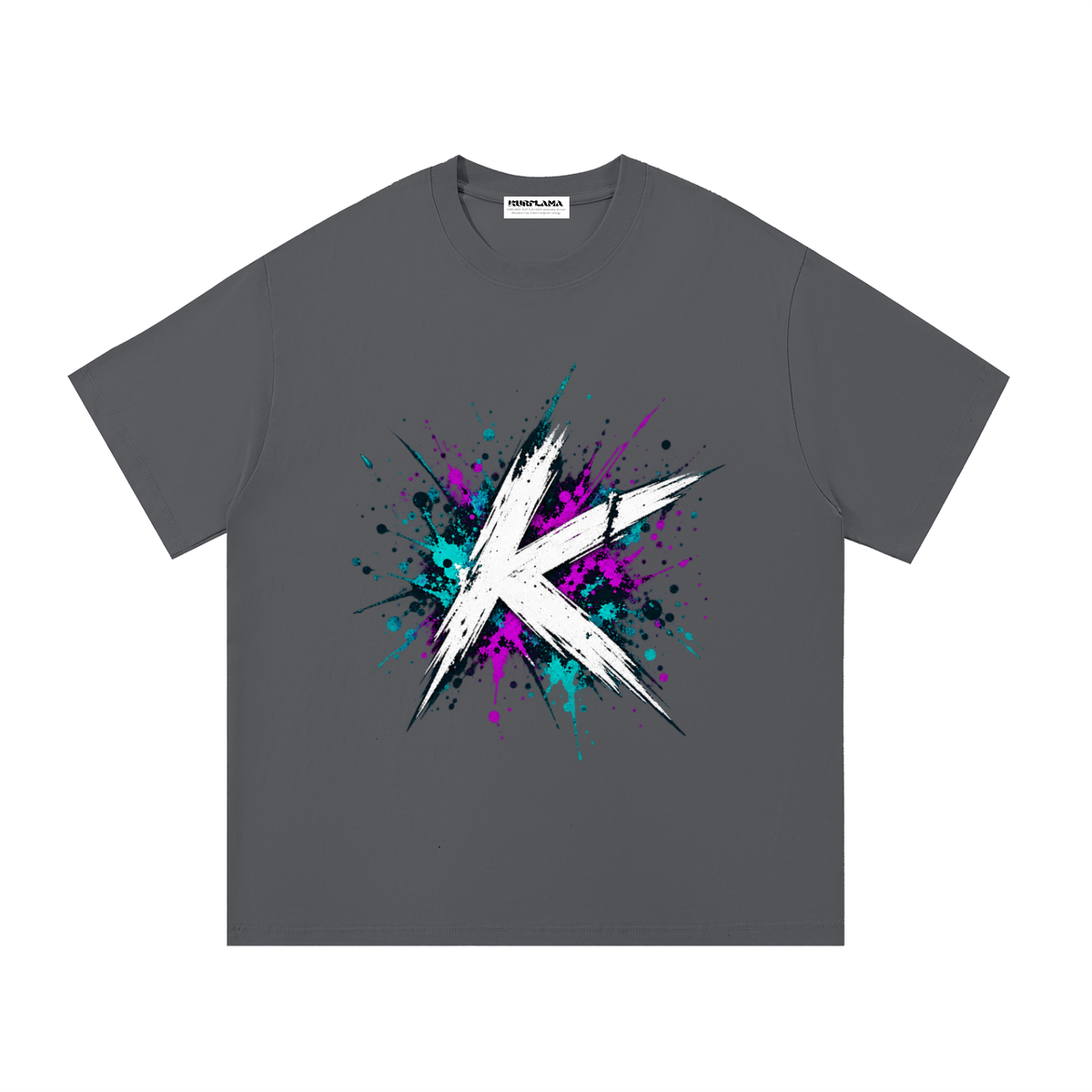 Front view of a dark gray tee with a white K and colorful paint splashes.