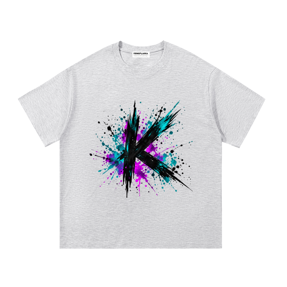 Front view of a light gray tee with a black K and teal and magenta paint splashes.