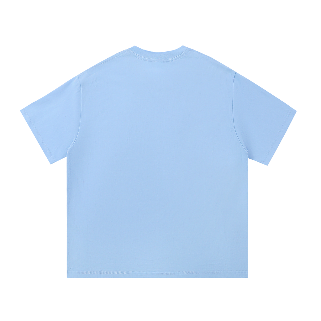Back view of a plain light blue tee.