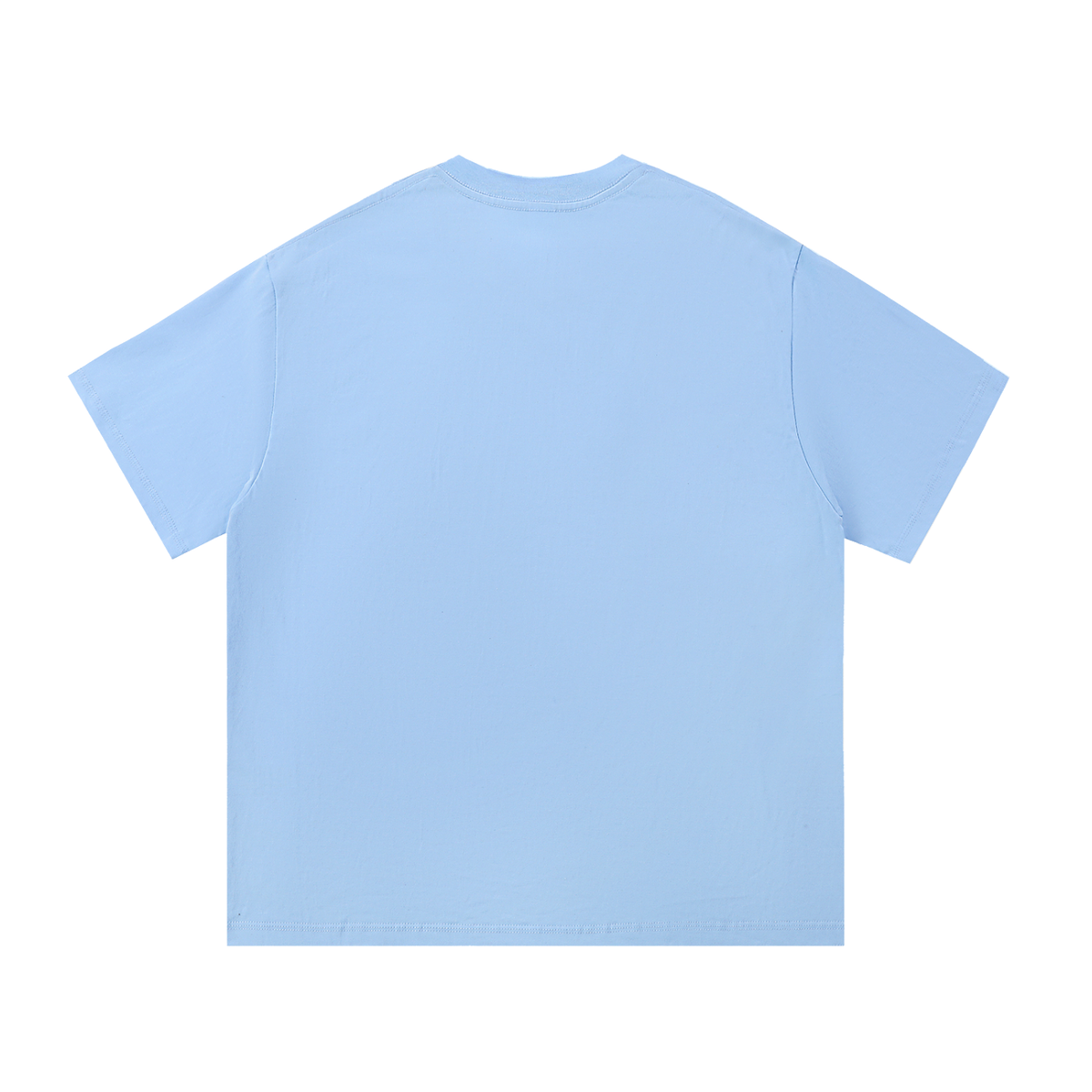 Back view of a plain light blue tee.