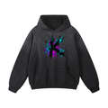 Front view of a black oversized hoodie with a K and colorful paint splashes.