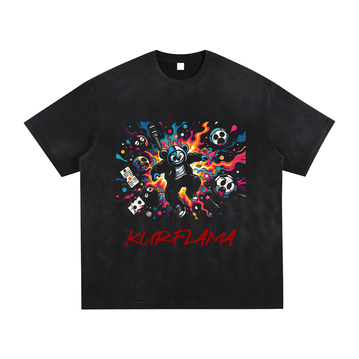 A black short-sleeve t-shirt with a colorful graphic print of a dancing panda surrounded by neon paint splatters, skulls, and playing cards, with the word 'KURFLANA' printed in red below.