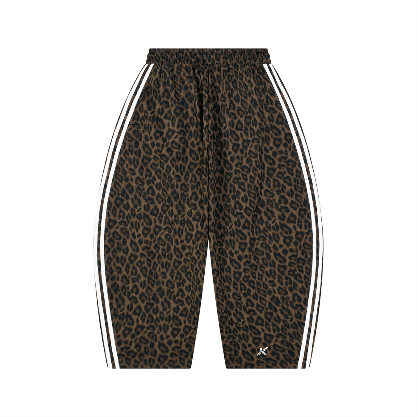 A pair of cropped athletic shorts featuring a brown and black leopard print pattern, with white double stripes running down the sides and a small white 'K' logo near the lower hem, shown against a plain white background.