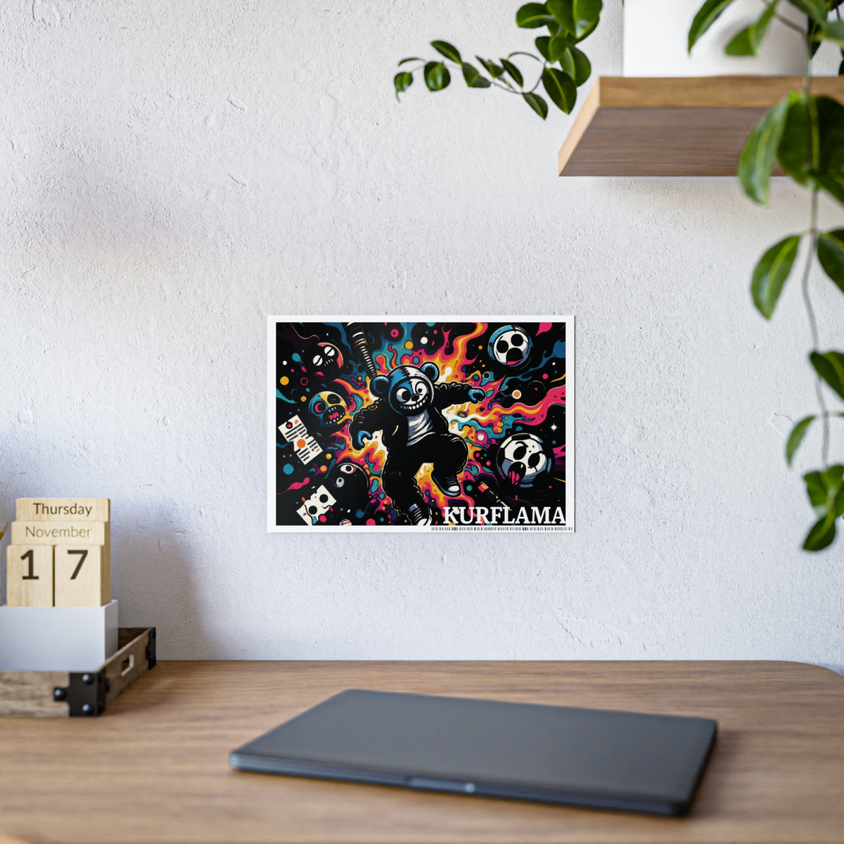 Dark cartoon animal and skull poster displayed above a desk.