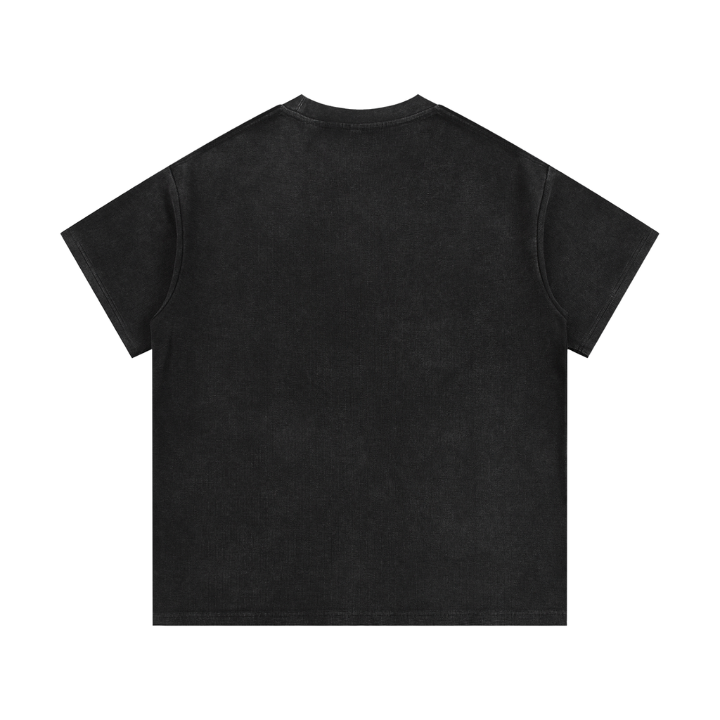 Mineral-wash waffle-knit t-shirt in gray, rear view, on a white background