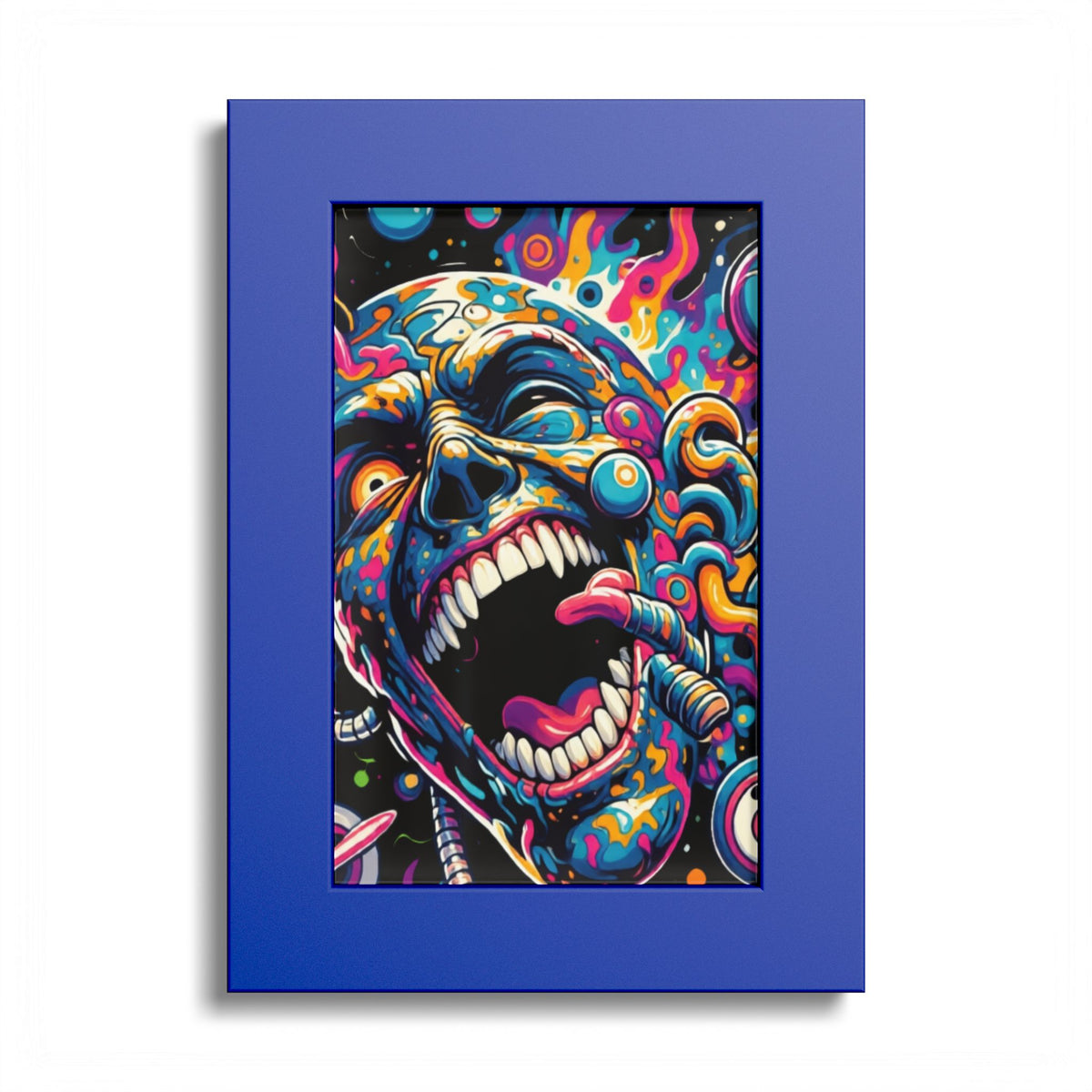 Colorful screaming-face artwork in a blue frame.