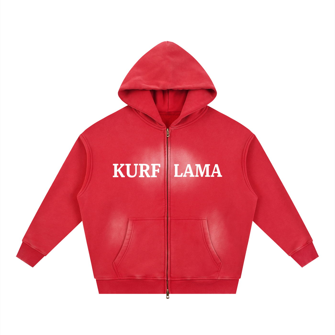 A red zip-up hoodie with 'KURF LAMA' printed in white block letters across the chest, displayed on a solid white background.