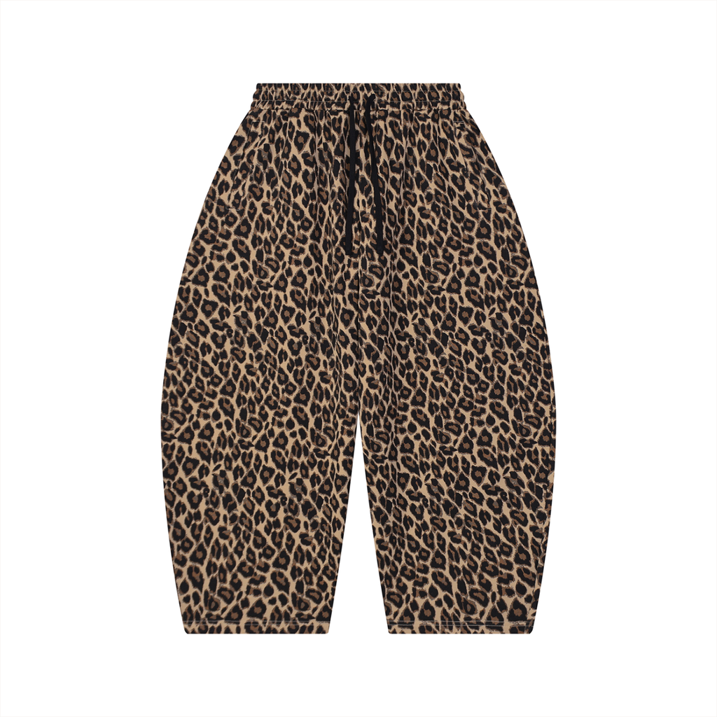 Leopard print wide-leg pants with an elastic waistband and black drawstring, shown flat on a white background.