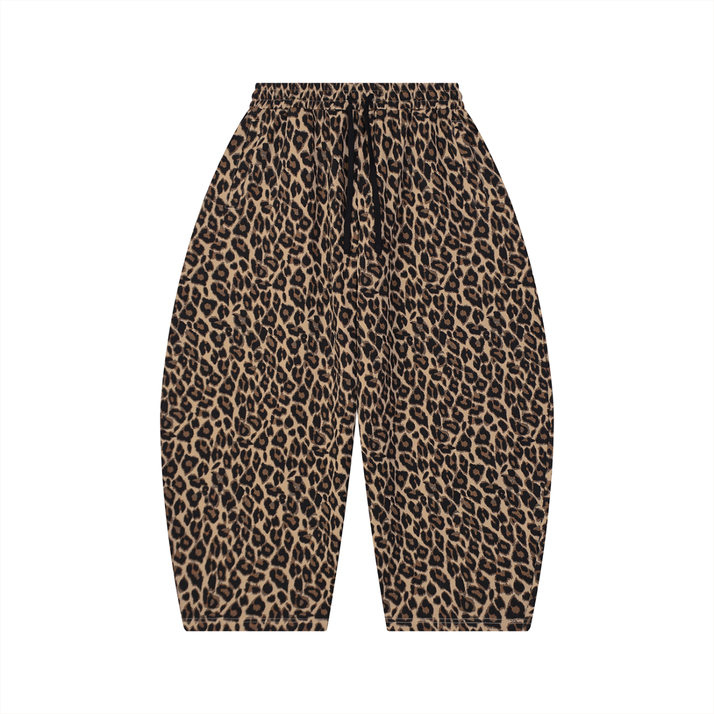 Leopard print wide-leg pants with an elastic waistband and black drawstring, shown flat on a white background.