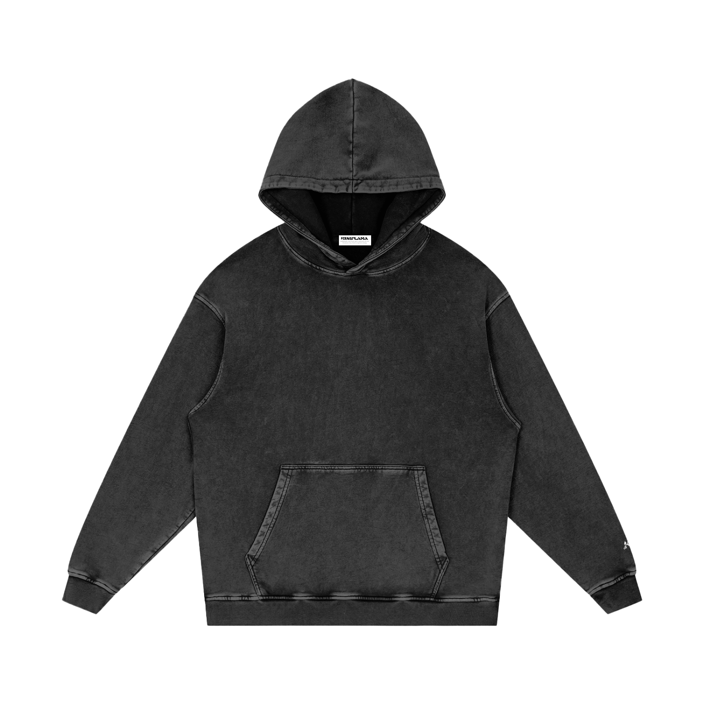 A washed black pullover hoodie with a small white 'K' logo on the sleevedisplayed flat against a solid white background.