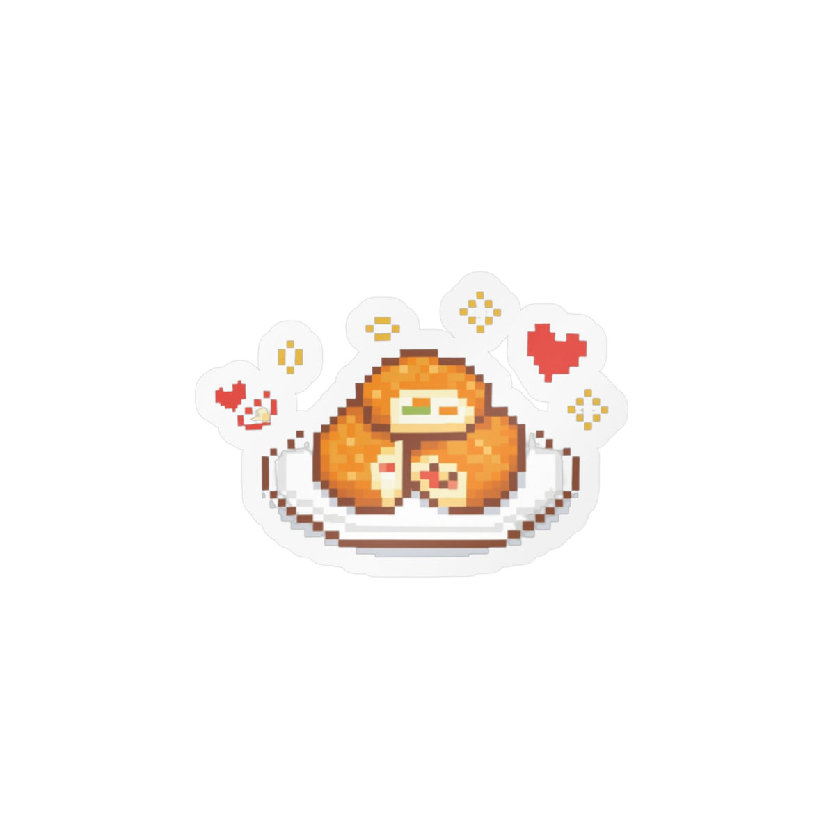 Pixel-art sticker with an orange sloth and apple-fritter design, surrounded by hearts.
