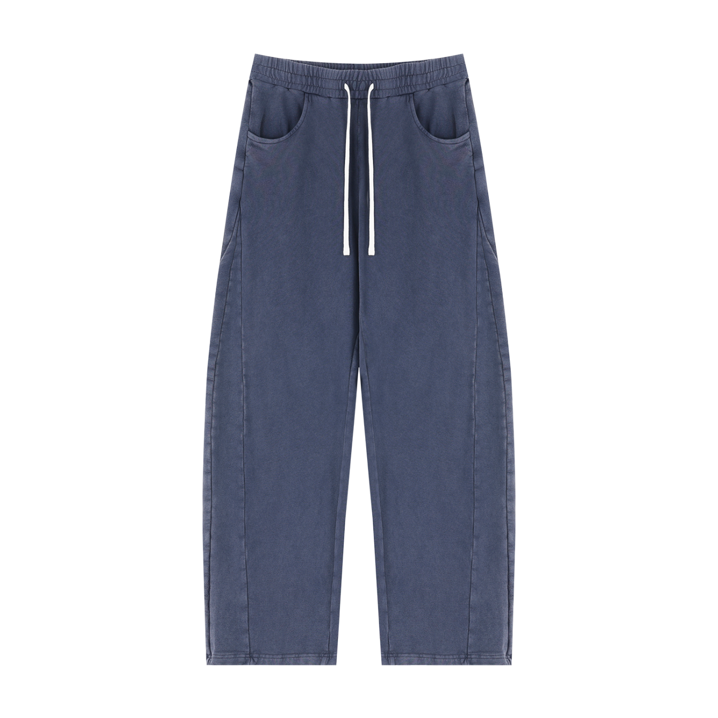 A pair of wide-leg, relaxed-fit pants in washed blue denim, featuring a white drawstring at the elastic waistband and side pockets, shown against a plain white background.
