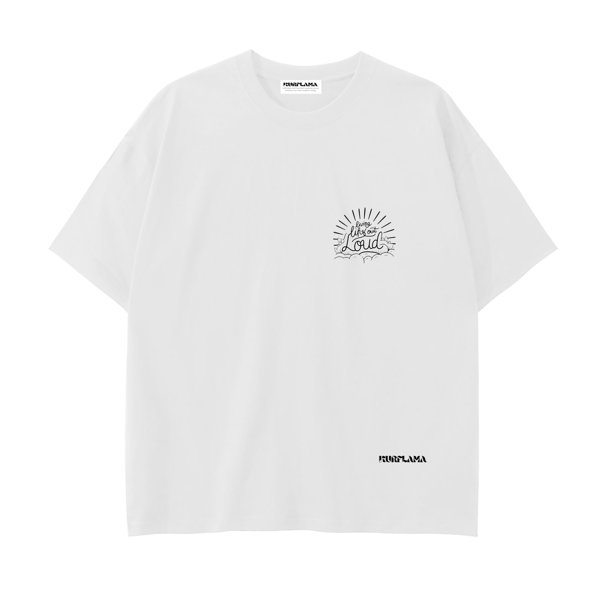 Front view of a white Drop Shoulder Cotton T-Shirt with a small chest graphic.