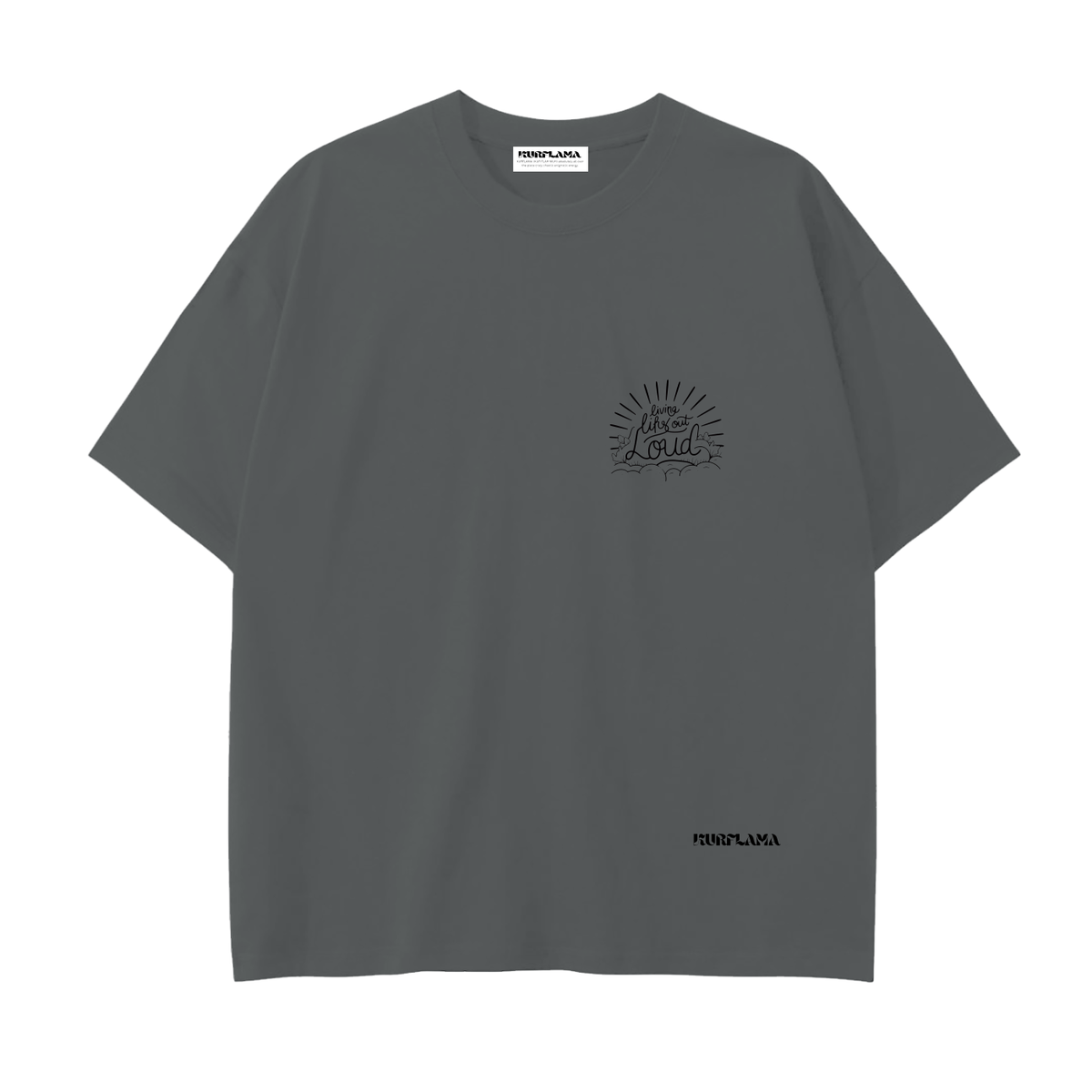 Front view of a dark gray Drop Shoulder Cotton T-Shirt with a small chest graphic.