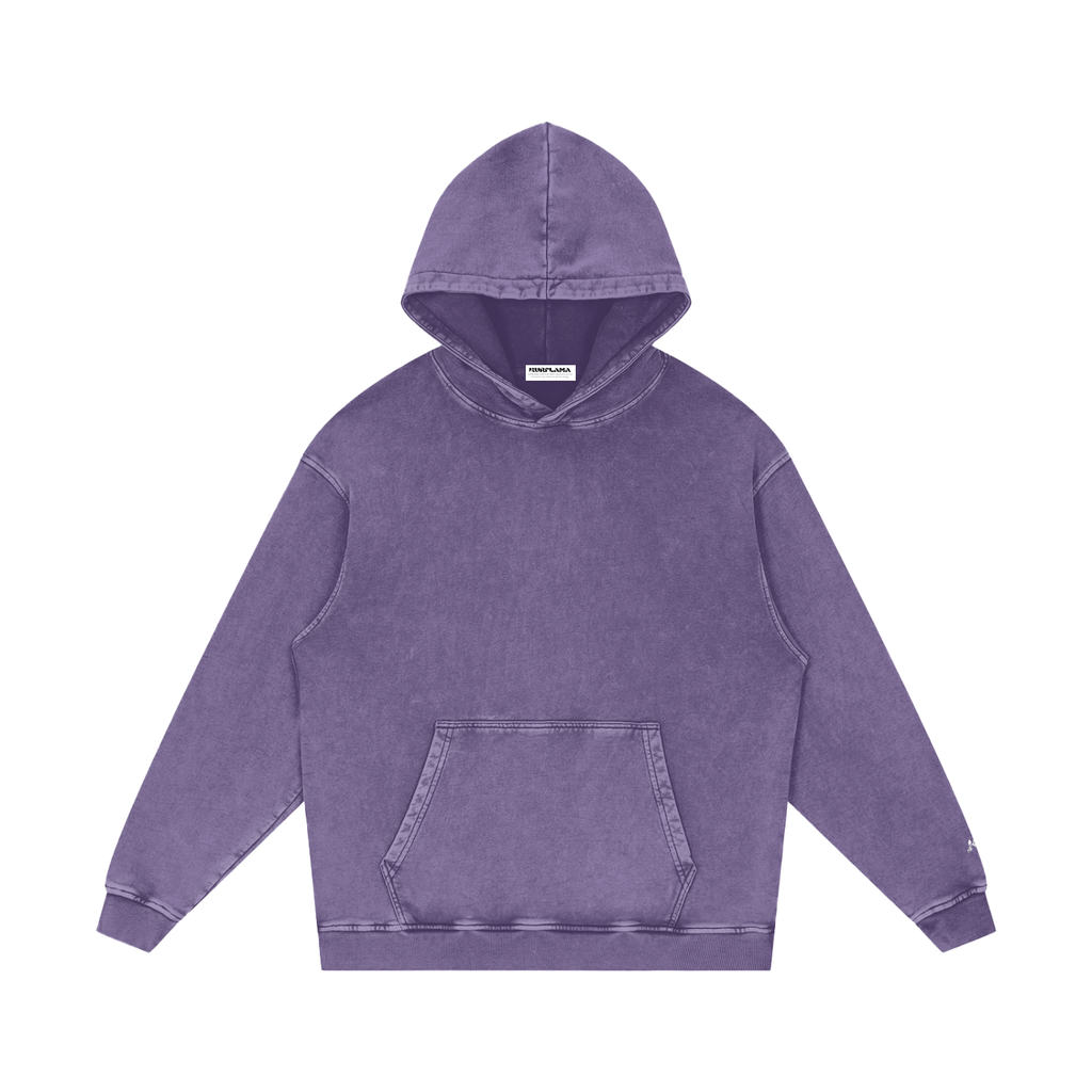 A purple mineral-wash pullover hoodie with a light beige graphic of a cross inside a thorn circle on the chest, displayed on a clean white background.