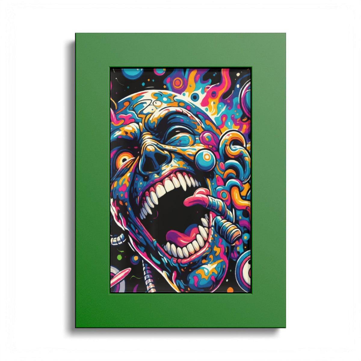 Colorful screaming-face artwork in a green frame.