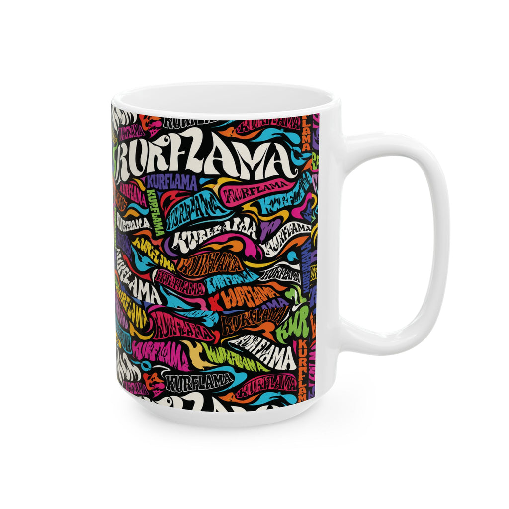 White ceramic mug with a colorful graffiti-style word-art wrap design.