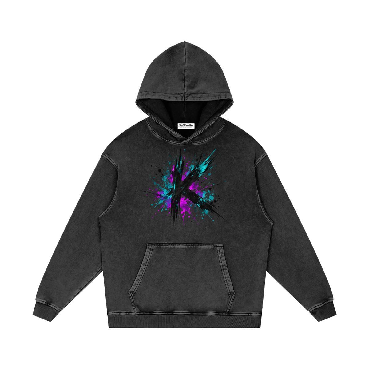 Front view of a washed black hoodie with a K and colorful paint splashes.