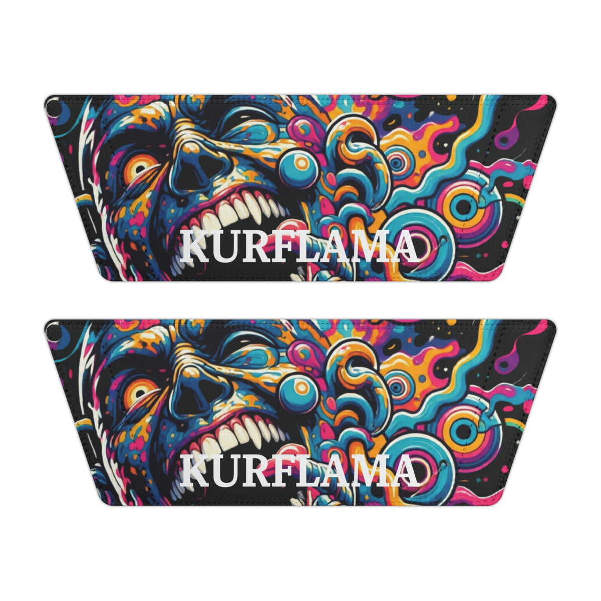Two removable slide straps with colorful face artwork and Kurflama lettering.