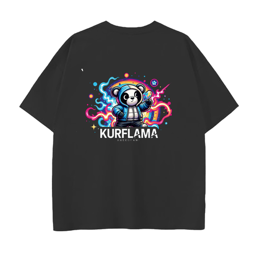 Back view of a black Drop Shoulder Cotton T-Shirt with a colorful panda graphic and Kurflama lettering.