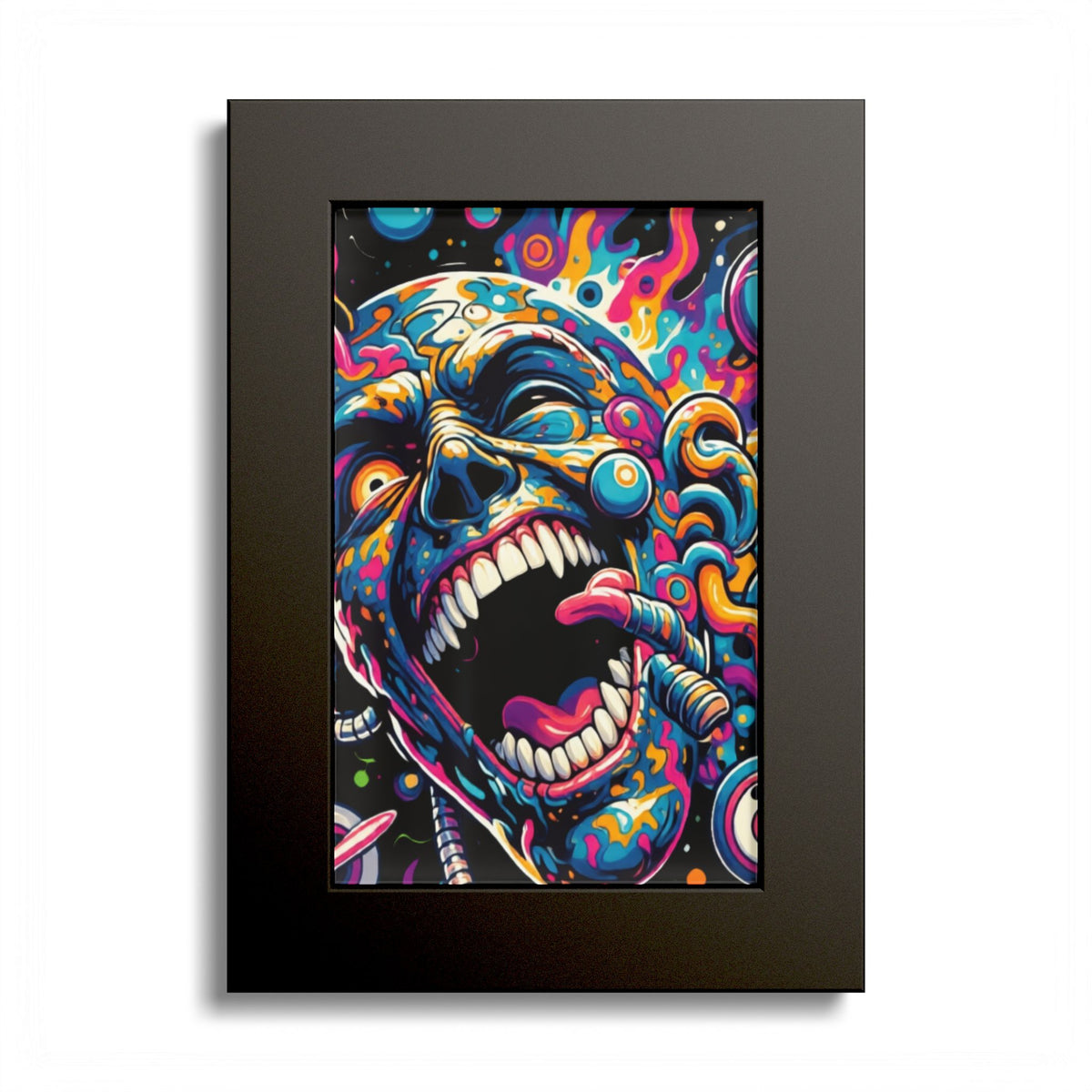 Colorful screaming-face artwork in a black frame.