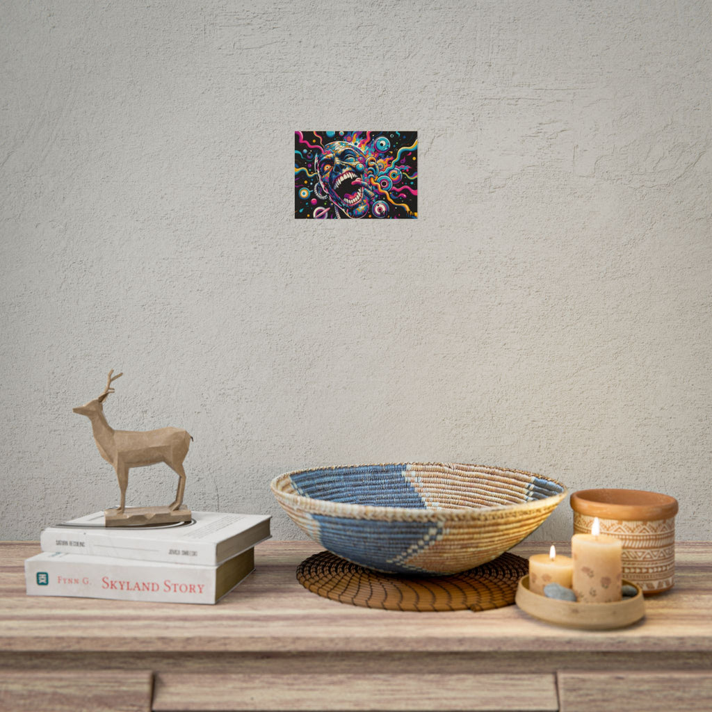 Colorful screaming-face poster displayed above a console table.