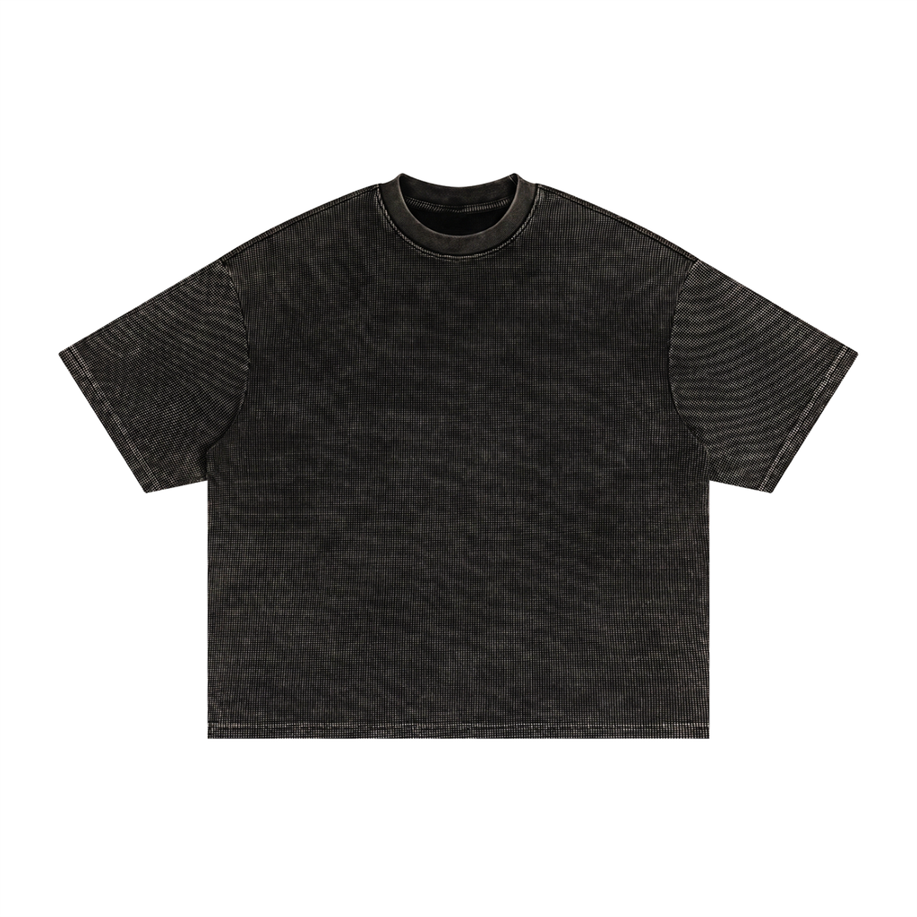Black t-shirt with a brand logo on a white background