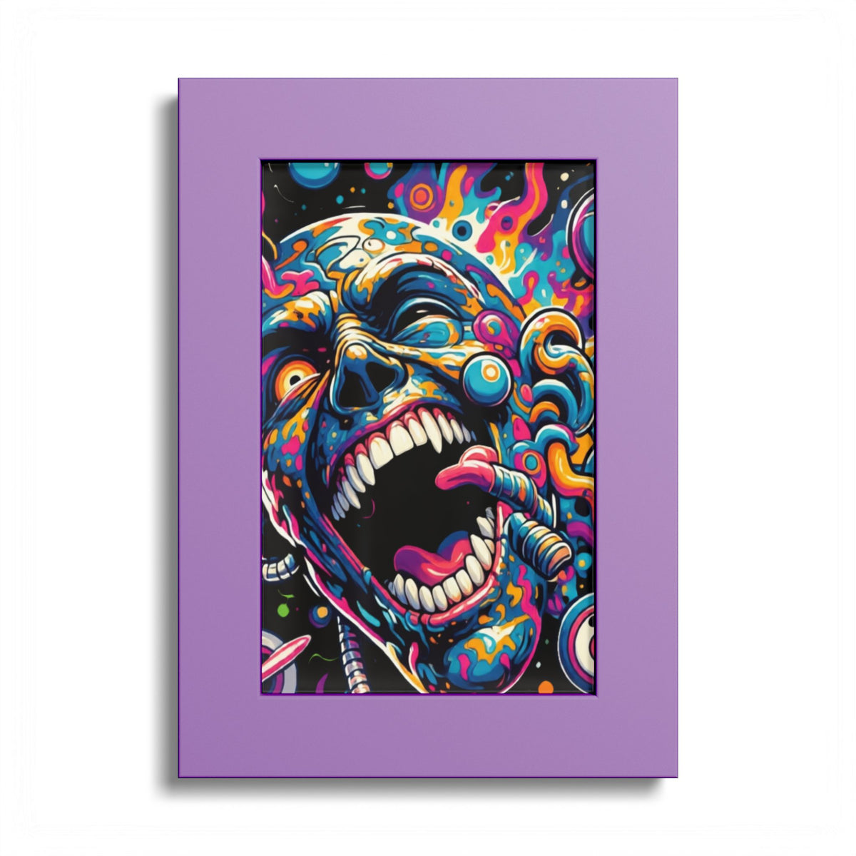 Colorful screaming-face artwork in a purple frame.