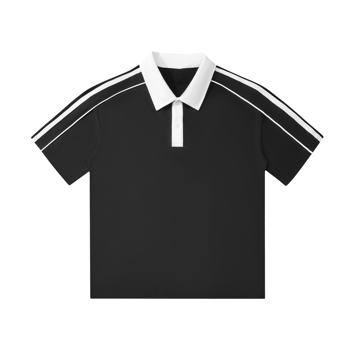 A black short-sleeve polo shirt with a white collar and white double stripes running along the shoulders, shown flat against a solid white background.