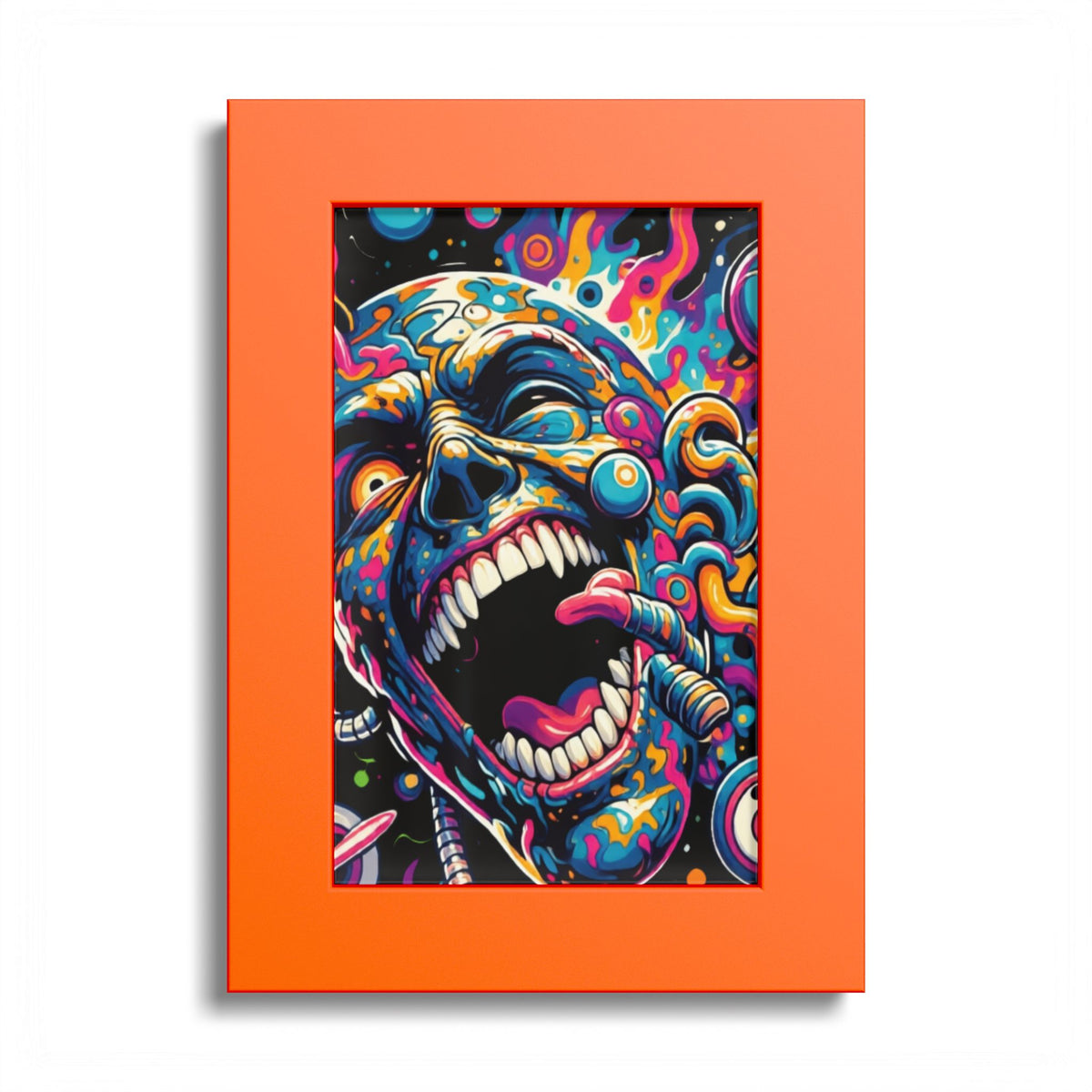 Colorful screaming-face artwork in a orange frame.