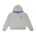 A heather gray zip-up hoodie with a blue gingham lining inside the hood, featuring a small colorful skull graphic on the left chest, displayed on a solid white background.