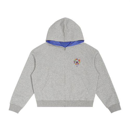 A heather gray zip-up hoodie with a blue gingham lining inside the hood, featuring a small colorful skull graphic on the left chest, displayed on a solid white background.