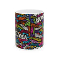 White ceramic mug with a colorful graffiti-style word-art wrap design.
