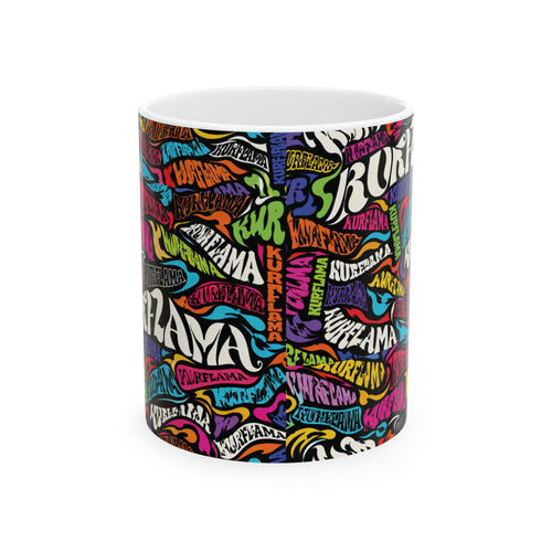 White ceramic mug with a colorful graffiti-style word-art wrap design.