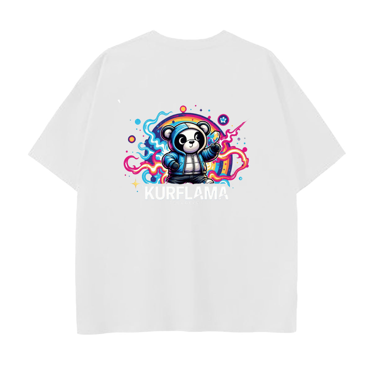 Back view of a white Drop Shoulder Cotton T-Shirt with a colorful panda graphic and Kurflama lettering.