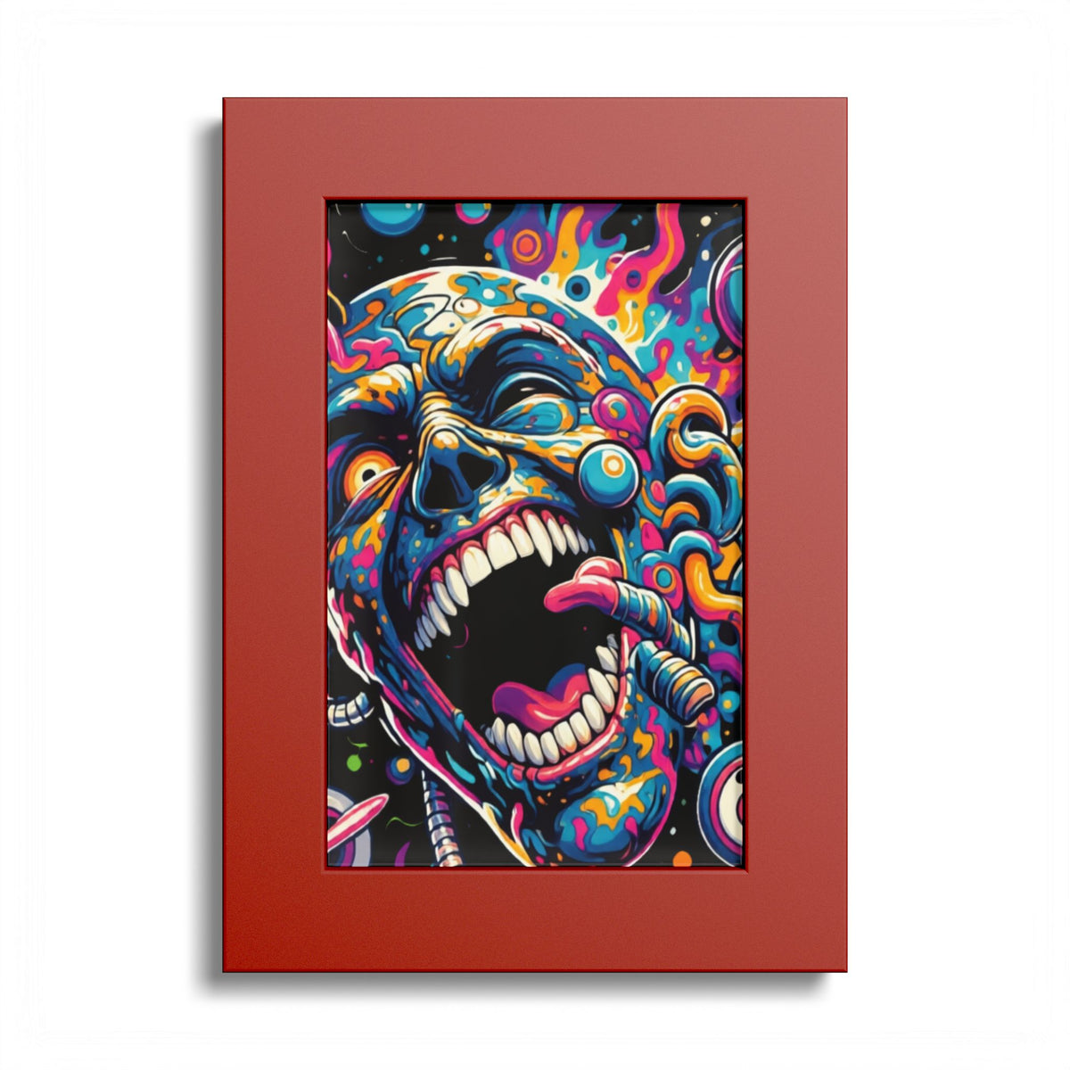 Colorful screaming-face artwork in a red frame.