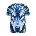 Front view of Kurflama Winter Arctic Wolf Tee with a blue and white wolf face.