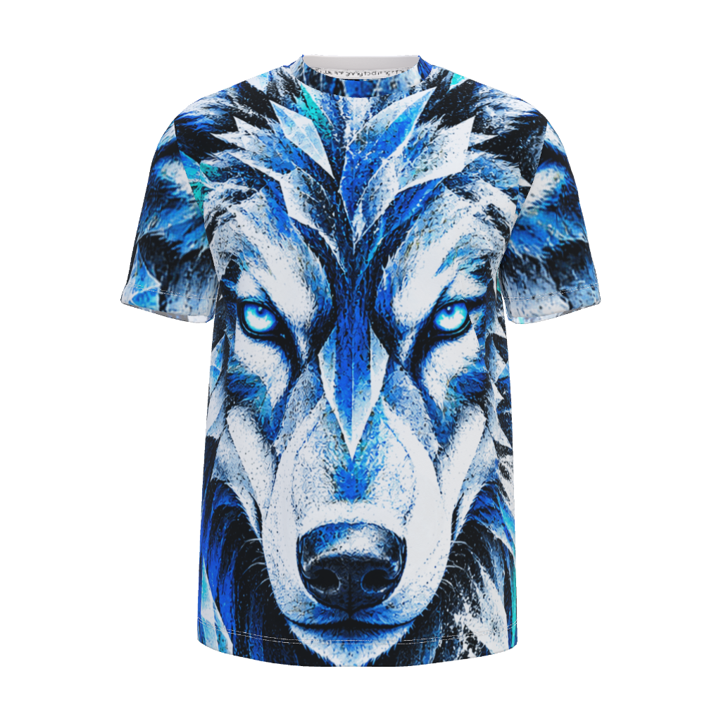 Front view of Kurflama Winter Arctic Wolf Tee with a blue and white wolf face.