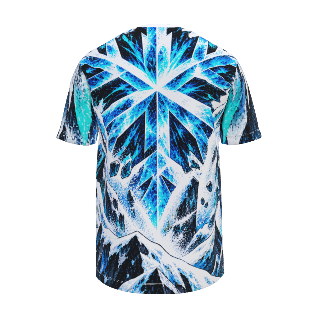 Back view of Kurflama Winter Arctic Wolf Tee with blue and white ice-crystal artwork.