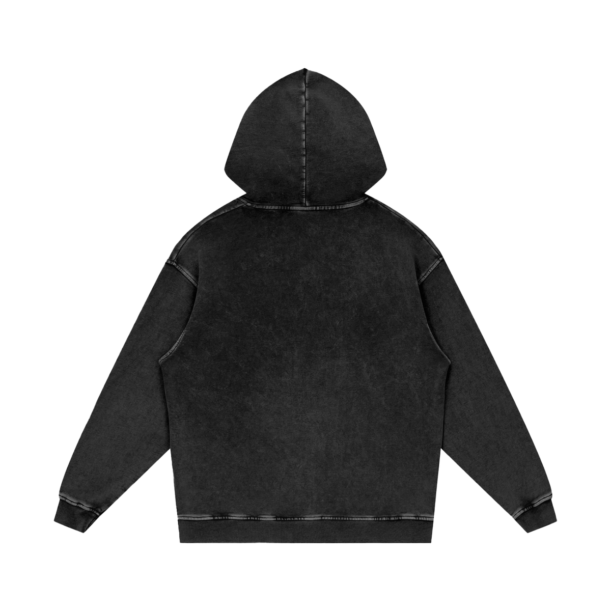 Back view of a plain washed black hoodie.