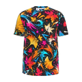Front view of Kurflama Fall Neon Foliage Tee with yellow, magenta and teal leaf artwork.