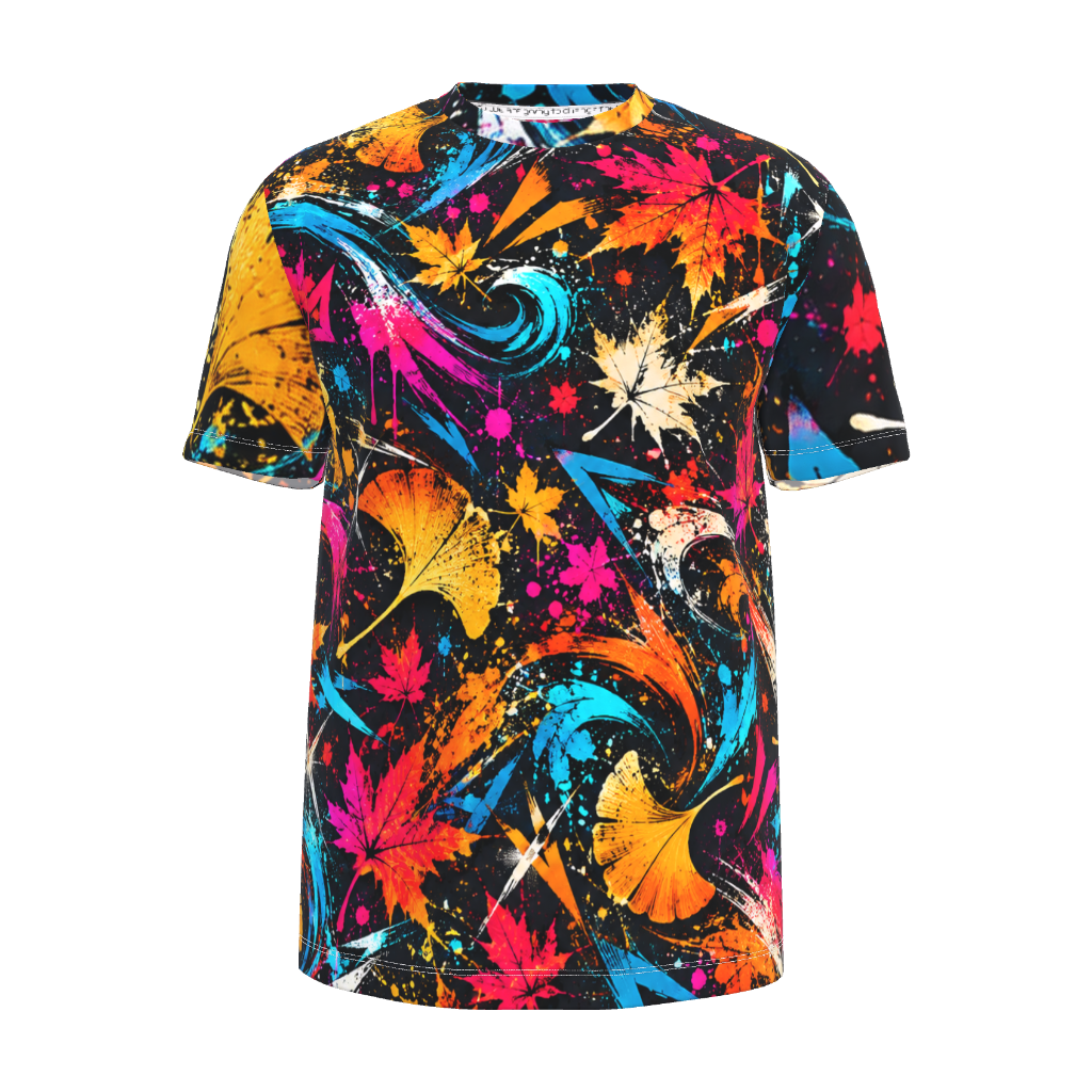 Front view of Kurflama Fall Neon Foliage Tee with yellow, magenta and teal leaf artwork.